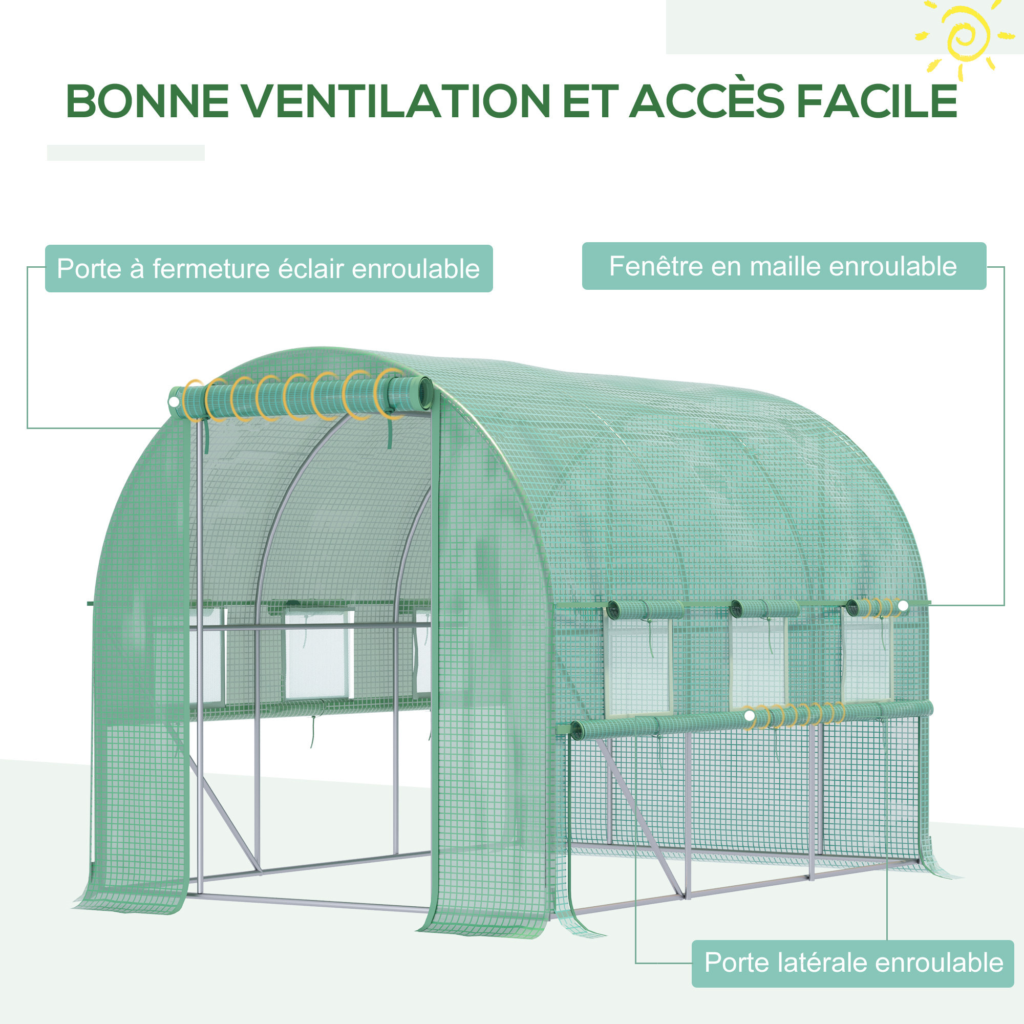 Serre de jardin tunnel 6 m² 6 fenêtres porte zippée acier galvanisé PE vert