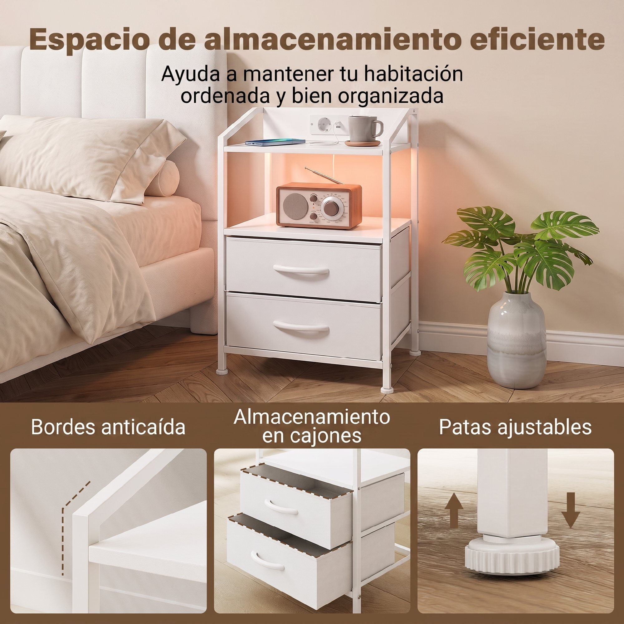 Juego de 2 Mesitas de Noche con Luces LED RGB y Estación de Carga, Mesitas Auxilifares con 2 Cajones de Tela, Diseño Moderno, para Dormitorio, Salón, 40x30x60 cm, Blanco