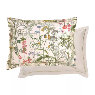 Taie d'oreiller satin de coton imprimé rose beige vert Prairie legere beige