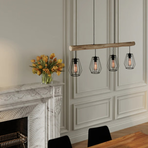 Suspension en bois et métal 4 lampes - Clotilde