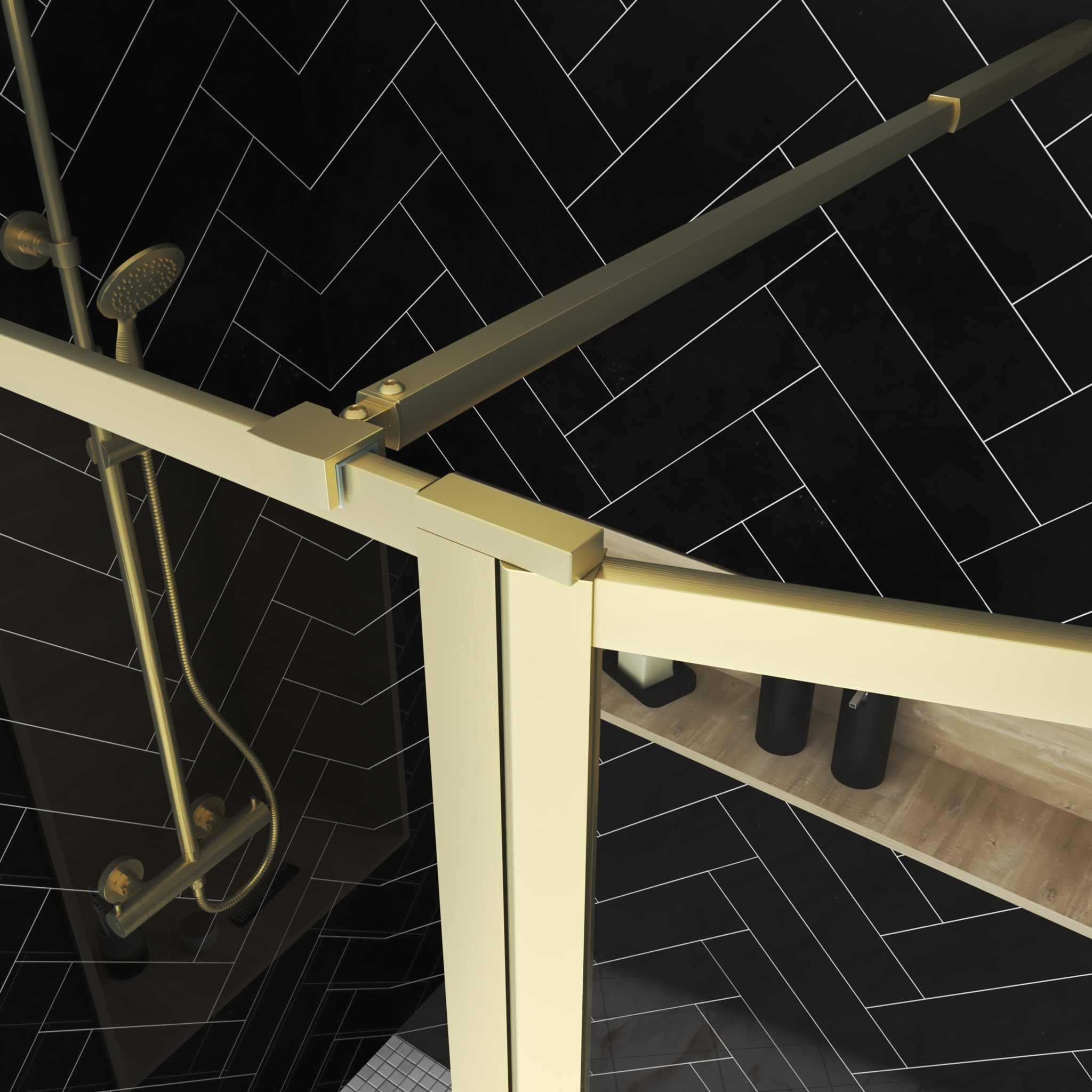 Paroi de Douche avec Volet Pivotant 90+40x200 cm - Porte-serviette + Etagère Finition Or Doré Brossé