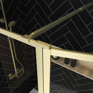 Paroi de Douche avec Volet Pivotant 90+40x200 cm - Porte-serviette + Etagère Finition Or Doré Brossé