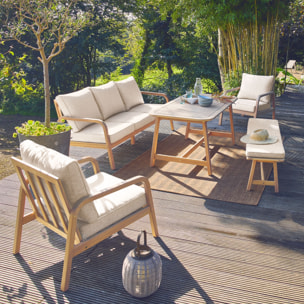 Salon de jardin 7 places CARNOTA DINING en bois d'acacia. table rectangulaire. coussins beige