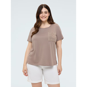 Fiorella Rubino - T-shirt in cotone con taschino in uncinetto e paillettes - Marrone