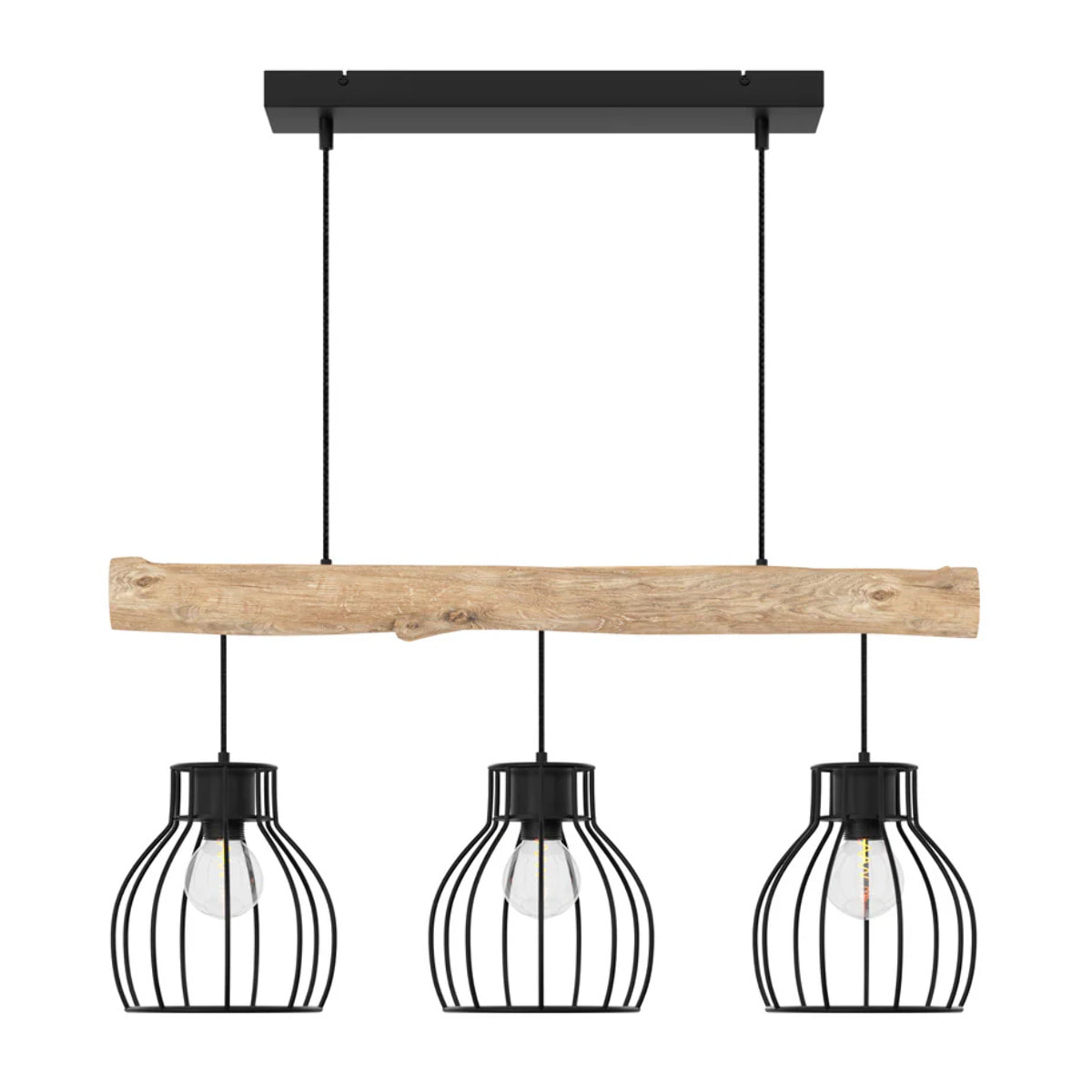 Suspension 3 lampes en bois d'eucalyptus et métal noir - Abby