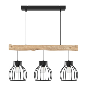 Suspension 3 lampes en bois d'eucalyptus et métal noir - Abby