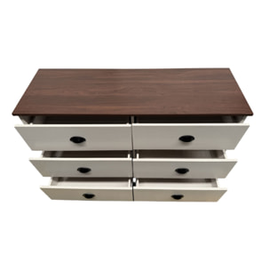YORK Commode 6 tiroirs blanc et bois 120cm