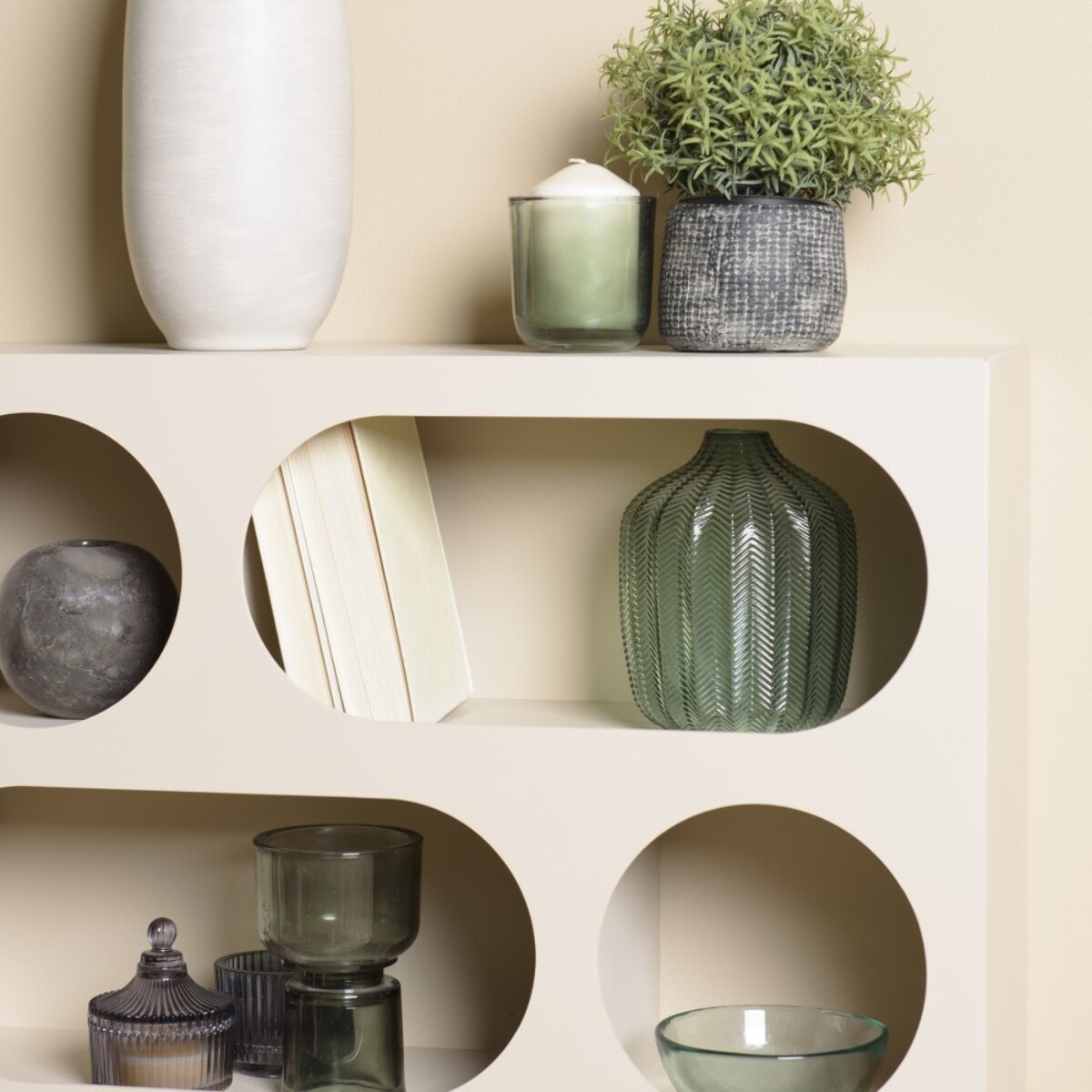 AGATHE - Buffet 70x23cm 6 niches en bois peint beige