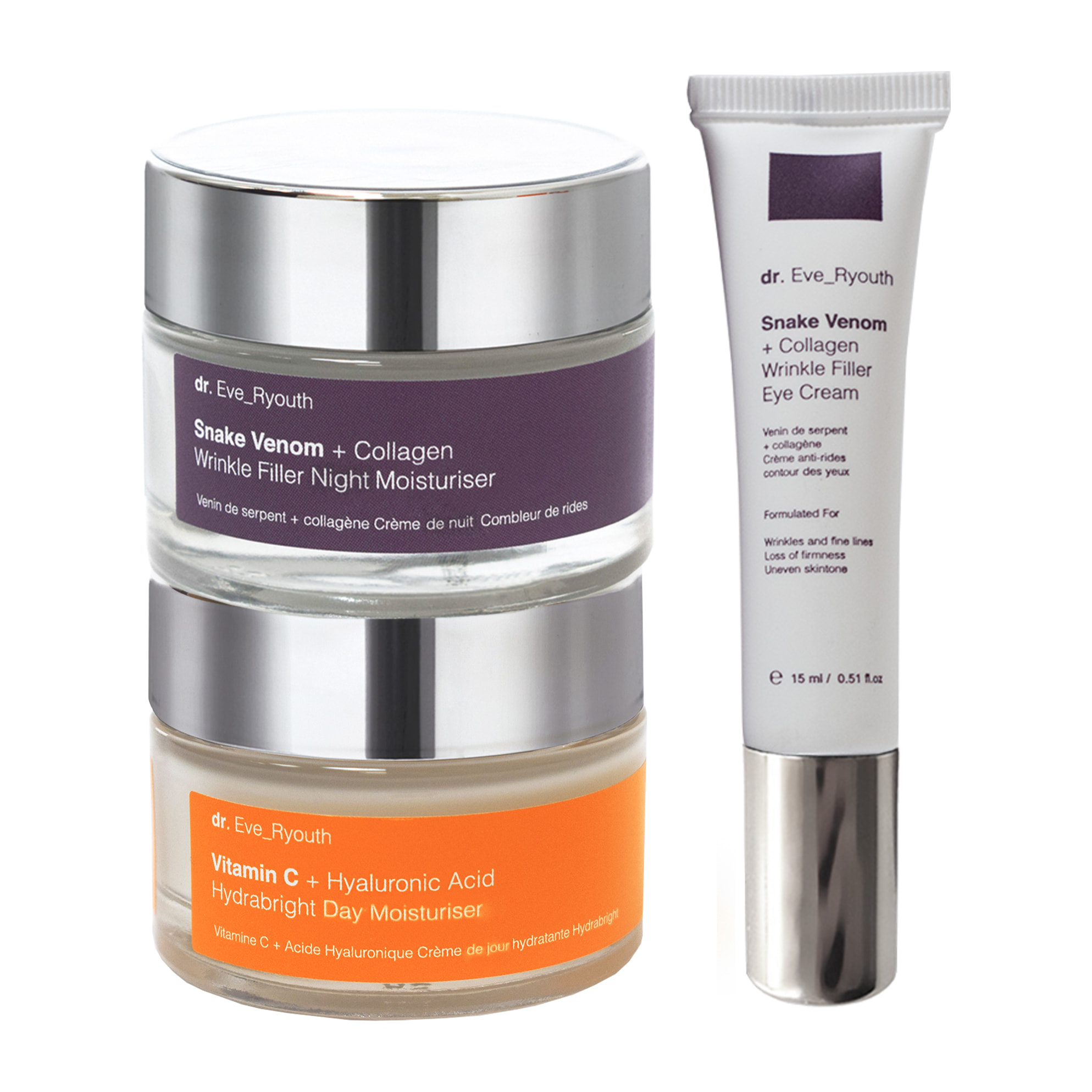 Vitamina C Crema Hidratante de Día 50ml + Veneno de Serpiente Crema Hidratante de Noche 50ml + Veneno de Serpiente Contorno de Ojos 15