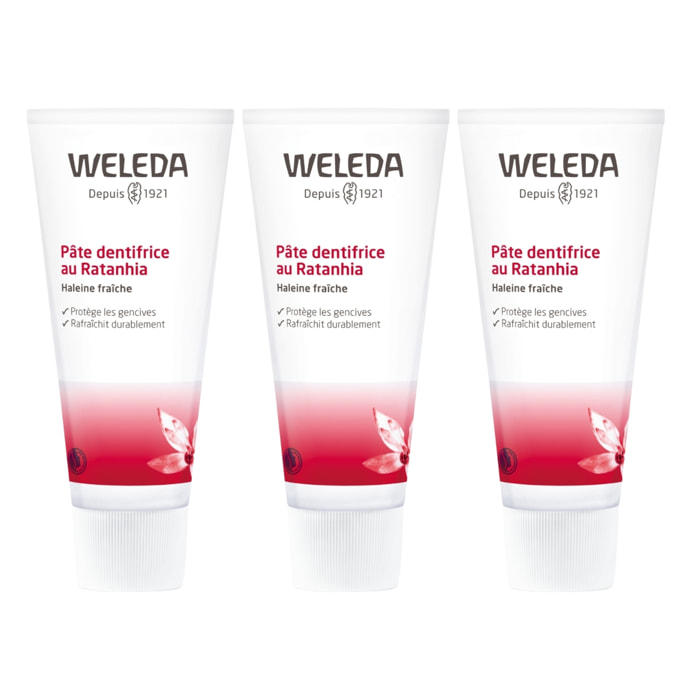 WELEDA - Trio Pâte dentifrice au Ratanhia - Protège et renforce les gencives - Vegan* - Certifié Natrue** -Tube 75 ml  x 3