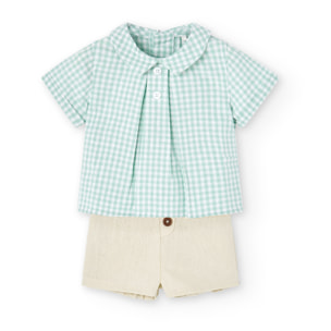 Conjunto lino niño, estampado de cuadros, verde claro