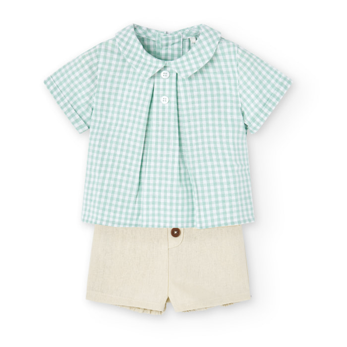 Conjunto lino niÃ±o, estampado de cuadros, verde claro