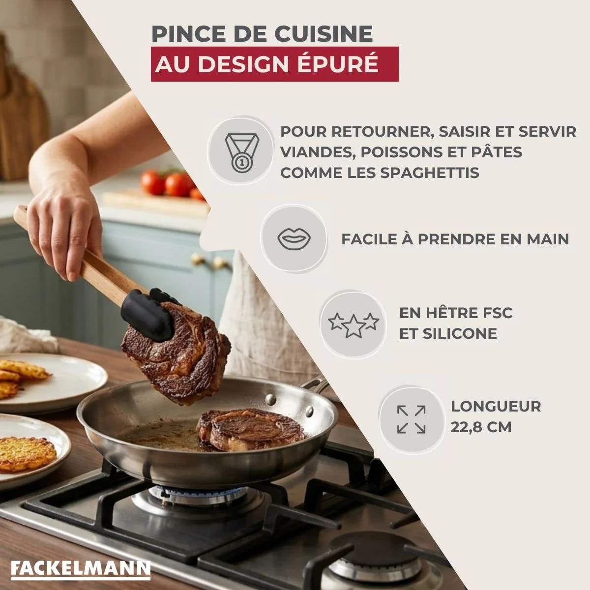 Pince Alimentaire 22,8 cm en Bois et silicone Noir Fackelmann Acacia