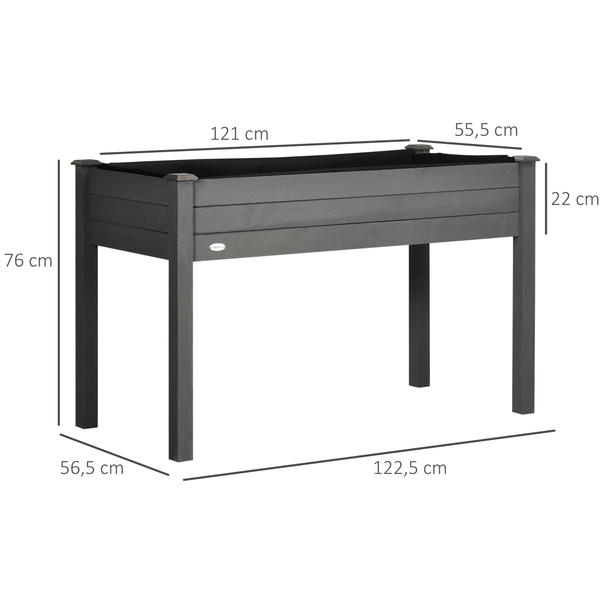 Huerto Urbano Elevado de Madera, Mesa de Cultivo con Tela no Tejida y 4 Orificios de Drenaje, para Cultivo, Plantas, Flores y Verduras, 122,5x56,5x76 cm, Gris Oscuro