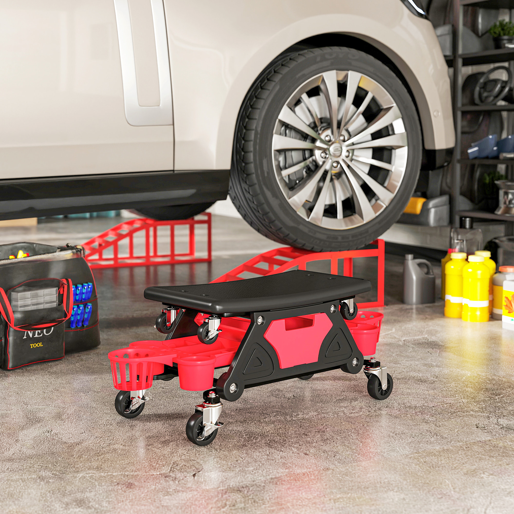 Taburete de Taller Giratorio con Ruedas Altura Ajustable Asiento Taburete para Mecánico con 2 Bandejas para Herramientas Portavasos Cajón Carga 135 kg para Garaje Reparación de Automóviles Rojo