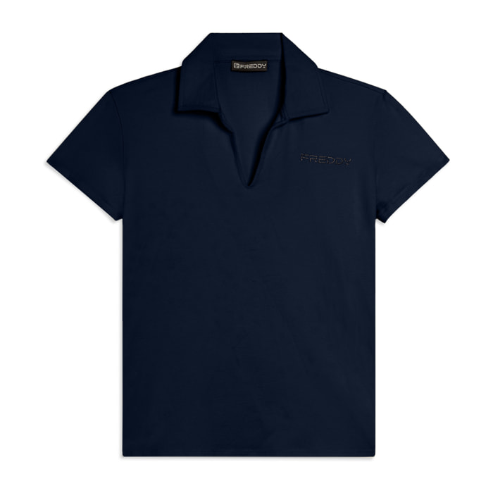 T-shirt Manica Corta con Scollo a V e Collo a Camicia