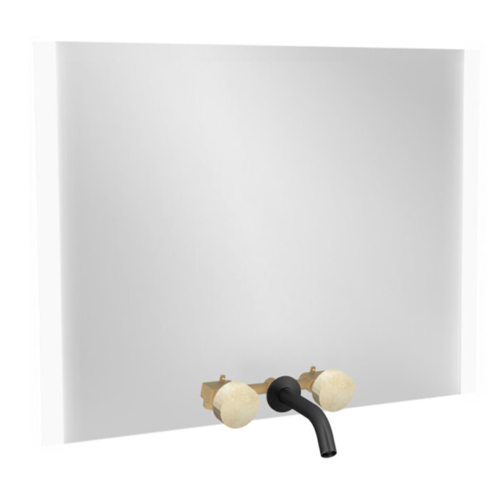 Miroir 3 trous 120 cm + mélangeur lavabo encastré 3 trous Grands Boulevards marbré travertin sable et noir