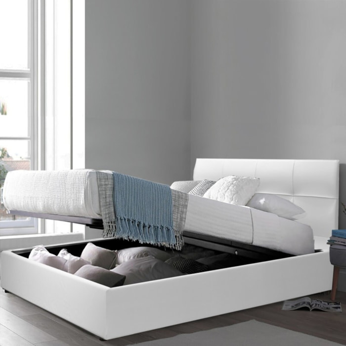 Lit coffre Macao avec tête de lit | Espace de Stockage jusqu'à 900 L | Robuste et Large Angle d’Ouverture | Simili Cuir | Blanc