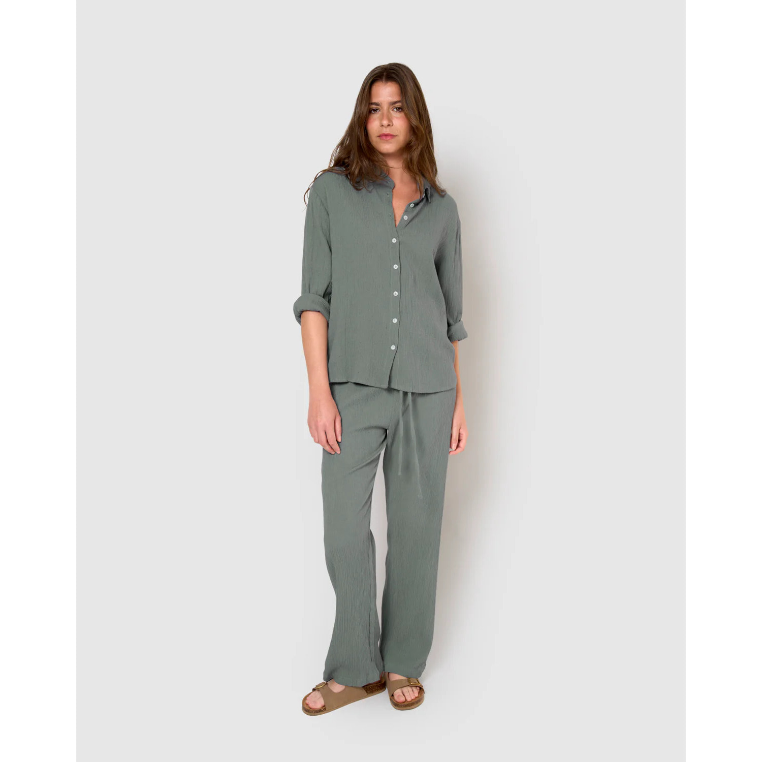 Pantalón algodón lino verde azulado
