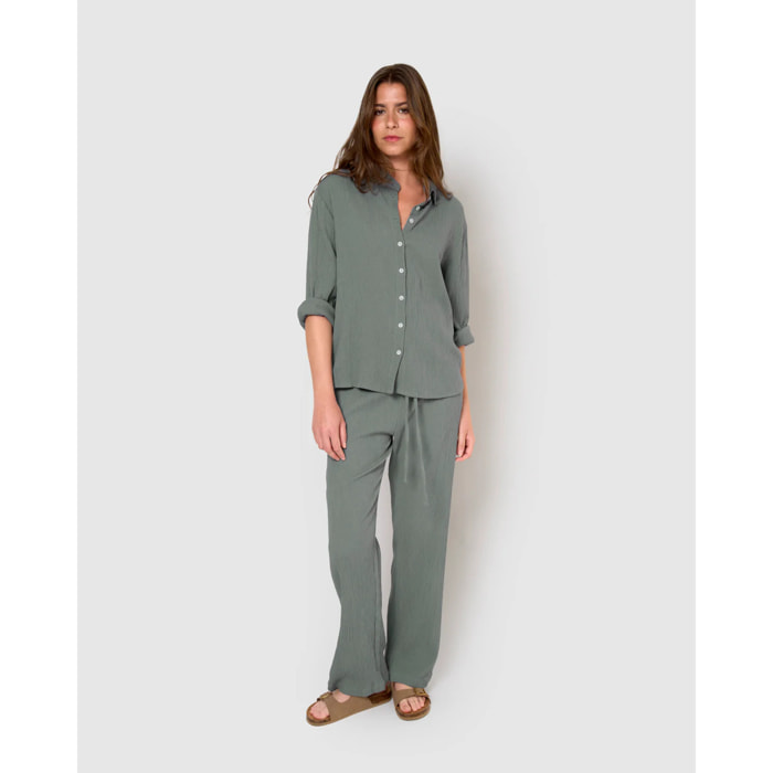 Pantalón algodón lino verde azulado