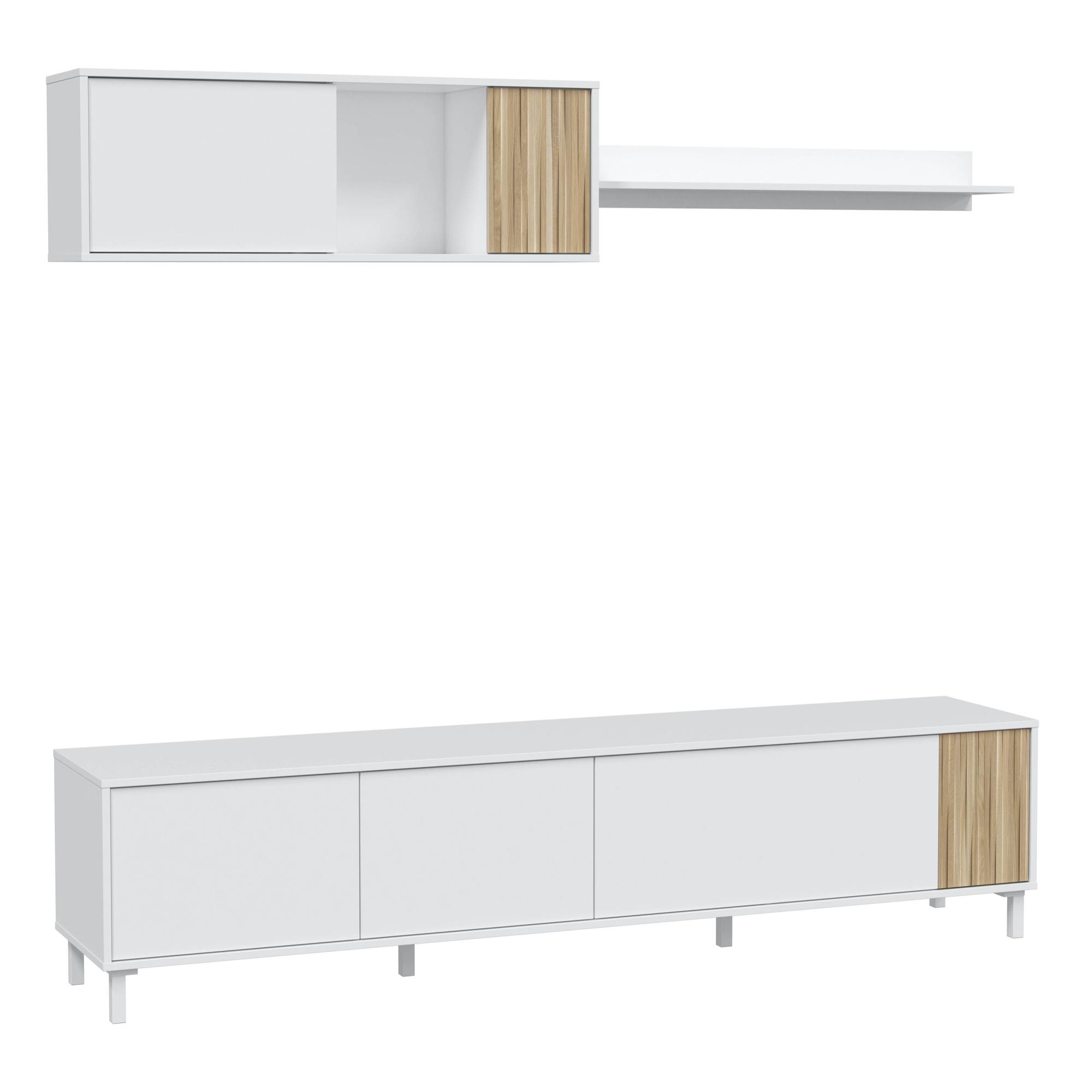 Mueble TV con estante Summer 4 puertas, color Blanco Artik y madera