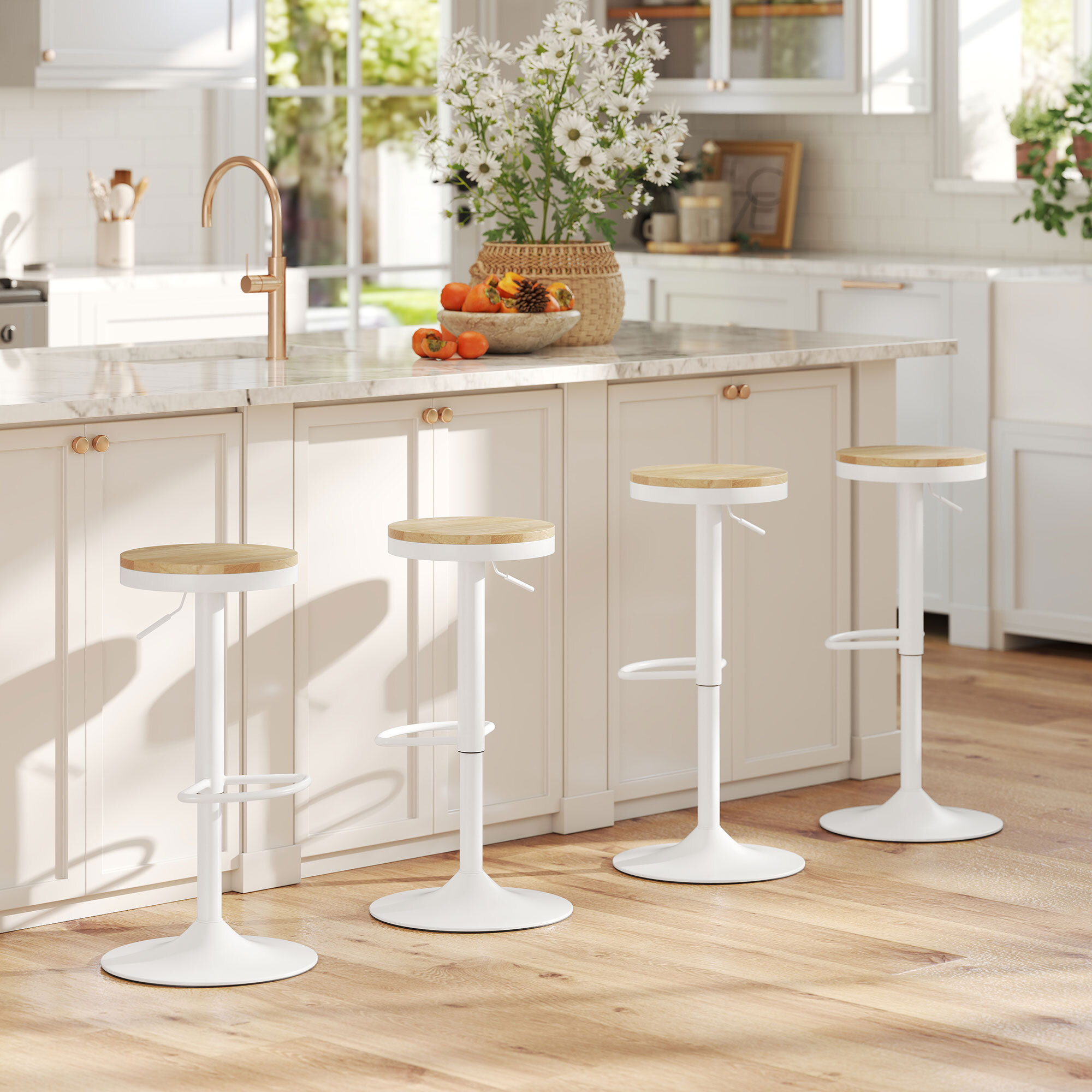 Juego de 2 Taburetes de Bar Giratorios Taburetes Altos de Cocina con Altura Ajustable 60-80 cm Asiento de Madera Marco de Acero y Reposapiés para Comedor Mostrador Natural y Blanco