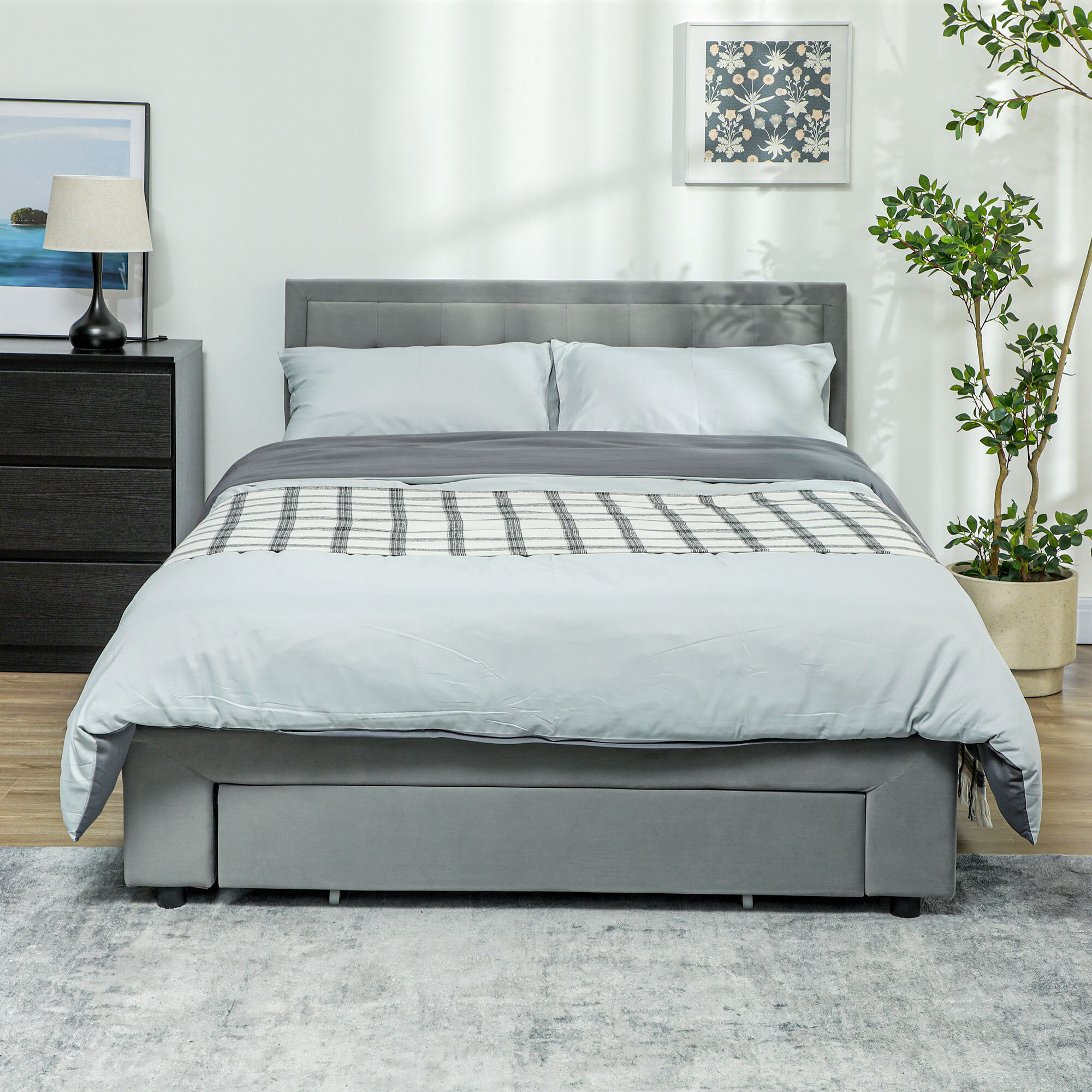 Lit double design industriel - tête de lit, pied de lit et sommier - dim. 145l x 203,5P x 95-104H cm - compatible matelas 140 x 200 cm - tissu 100% polyester, rembourrage mousse, bois d'eucalyptus, panneau multicouche