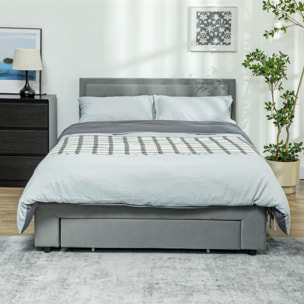 Lit double design industriel - tête de lit, pied de lit et sommier - dim. 145l x 203,5P x 95-104H cm - compatible matelas 140 x 200 cm - tissu 100% polyester, rembourrage mousse, bois d'eucalyptus, panneau multicouche
