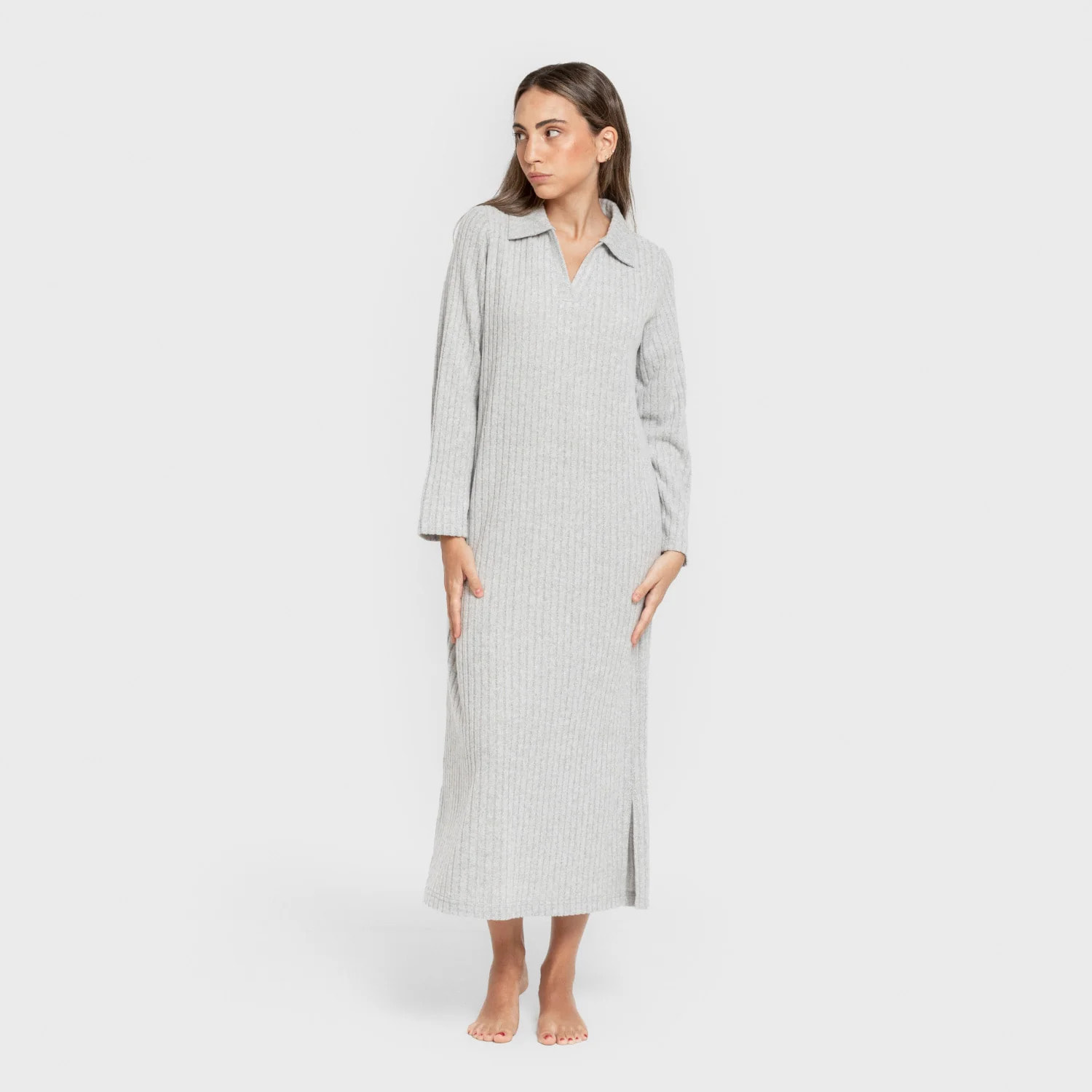 Vestido largo manga larga solapa 4x2 canalé mujer gris