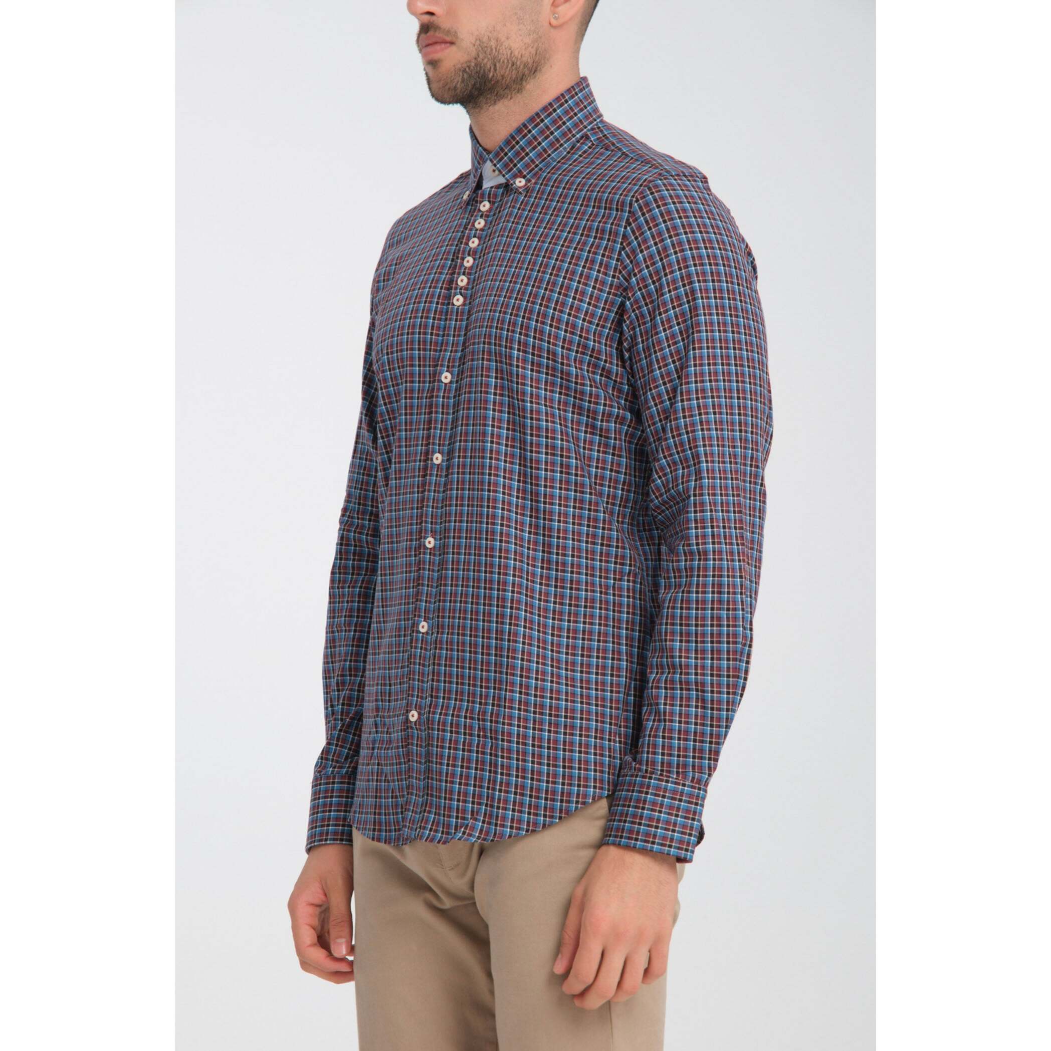 Camicia Uomo 1 Bottoni Button Down Slim Twill Quadro Medio Bordeaux e Blu Chiaro