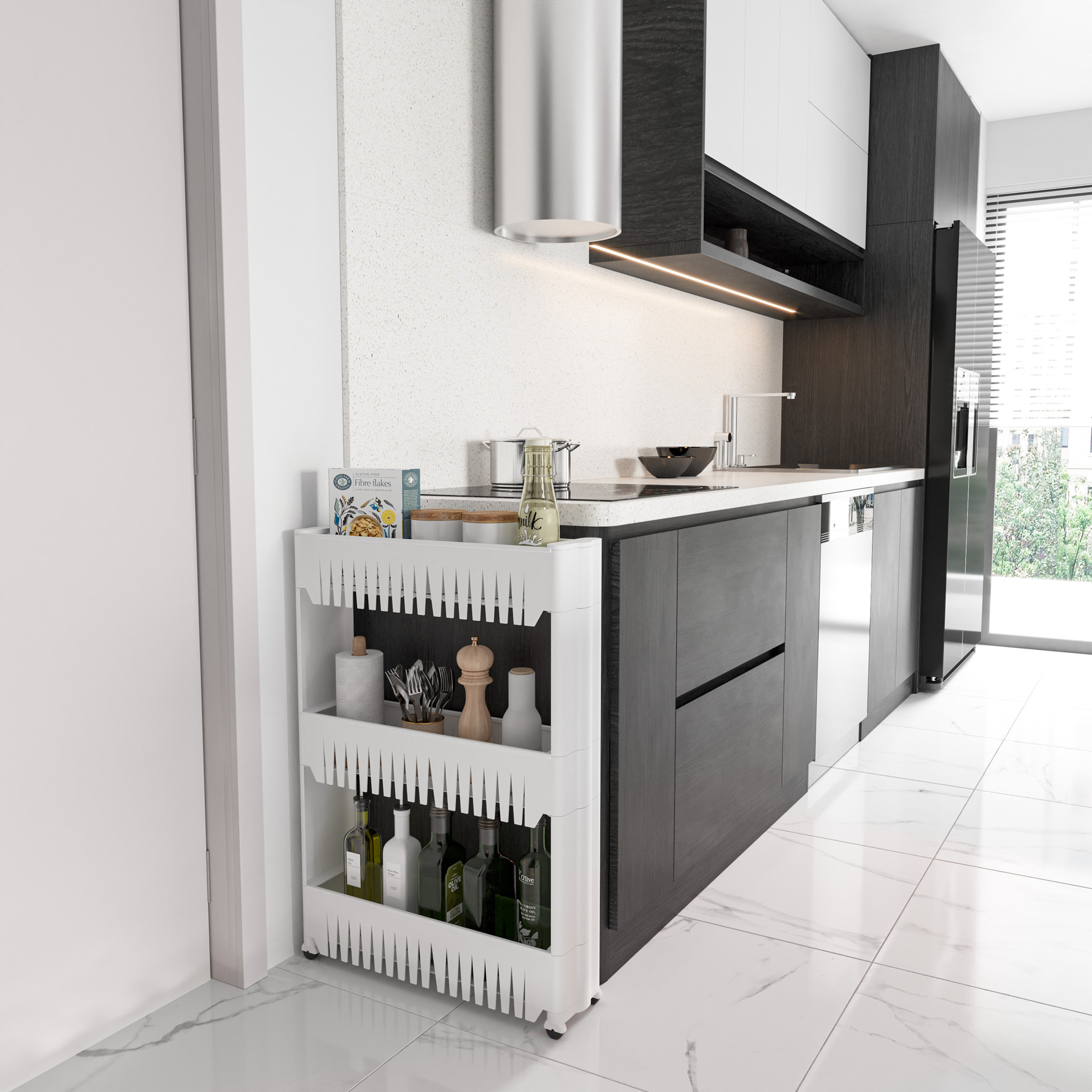 Carrello Da Cucina Salvaspazio Carrellino Portaoggetti Con Rotelle Ruote 3 Ripiani Dispensa Bagno Fino a 2.5 Kg Per Ripiano 72 x 12,5 x 54 cm Bianco
