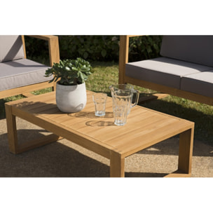 KIM - SALON DE JARDIN EN BOIS TECK : 1 Canapé 3p., 2 fauteuils avec coussins waterproof 1 table basse rectangulaire 110x60cm