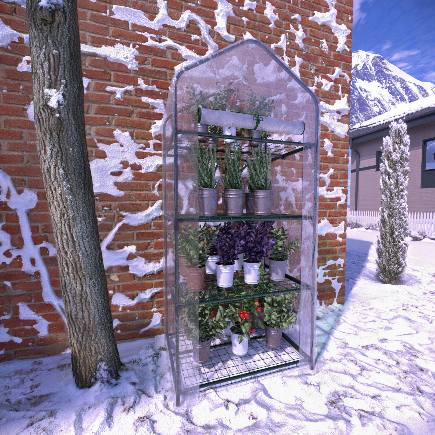 Serra A 4 Ripiani Da Giardino Per Orto Telaio In Acciaio Verniciato Telo In PVC Trasparente Porta Avvolgibile Apertura A Cerniera 69x49x160 Cm