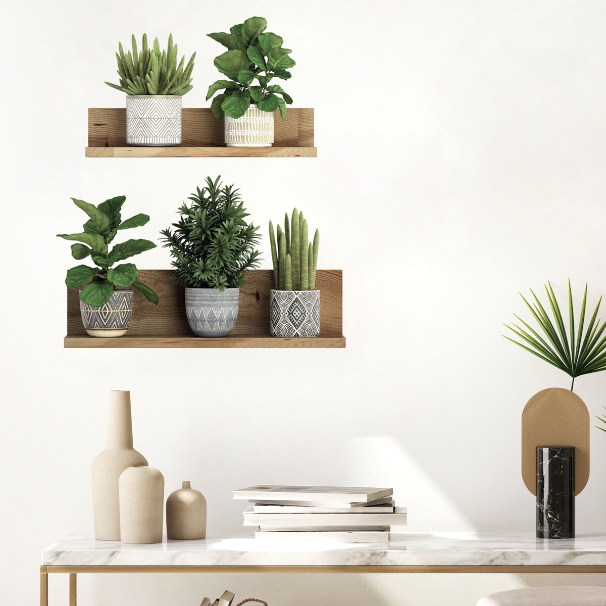Stickers muraux 3D | Sticker Mural Autocollant effet PLANTES VERTES SUR ÉTAGÈRES - Stickers adhésifs 3D Chambre Salon Trompe l'oeil