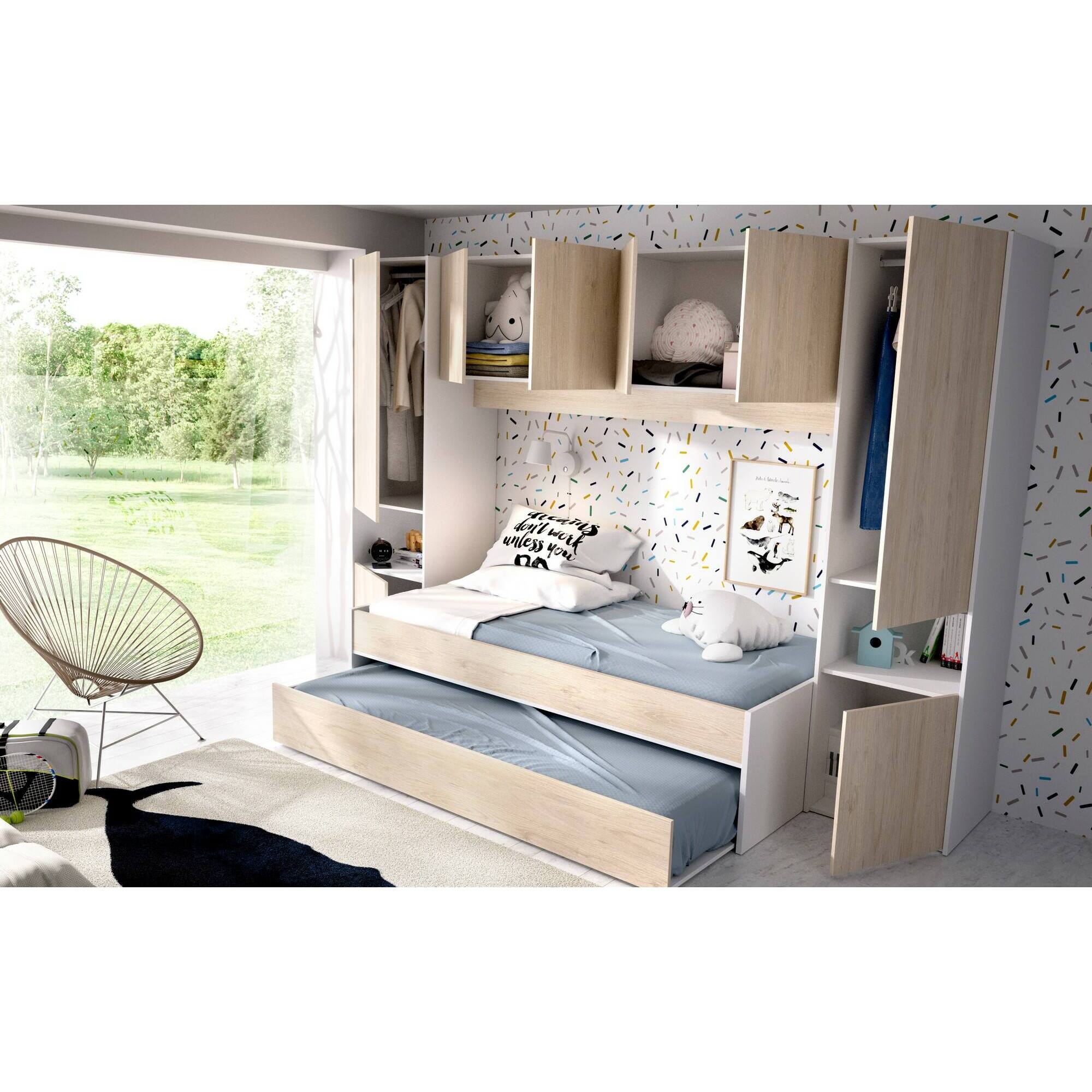 Letto per bambini Venturosa, Cameretta completa con armadio a ponte e cassettone, Composizione con letto e lettino singolo estraibile, 303x97h203 cm, Rovere e Bianco