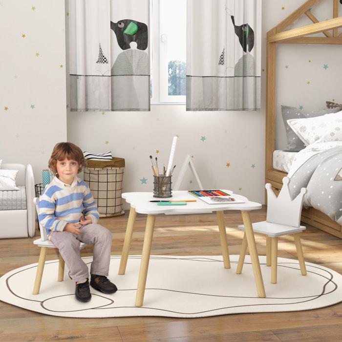 Mesa y Sillas Infantiles de 3 Piezas Mesa Infantil con 2 Sillas con Respaldo en Forma de Corona para Niños de 3-6 Años para Sala de Juegos Dormitorio Guardería Blanco