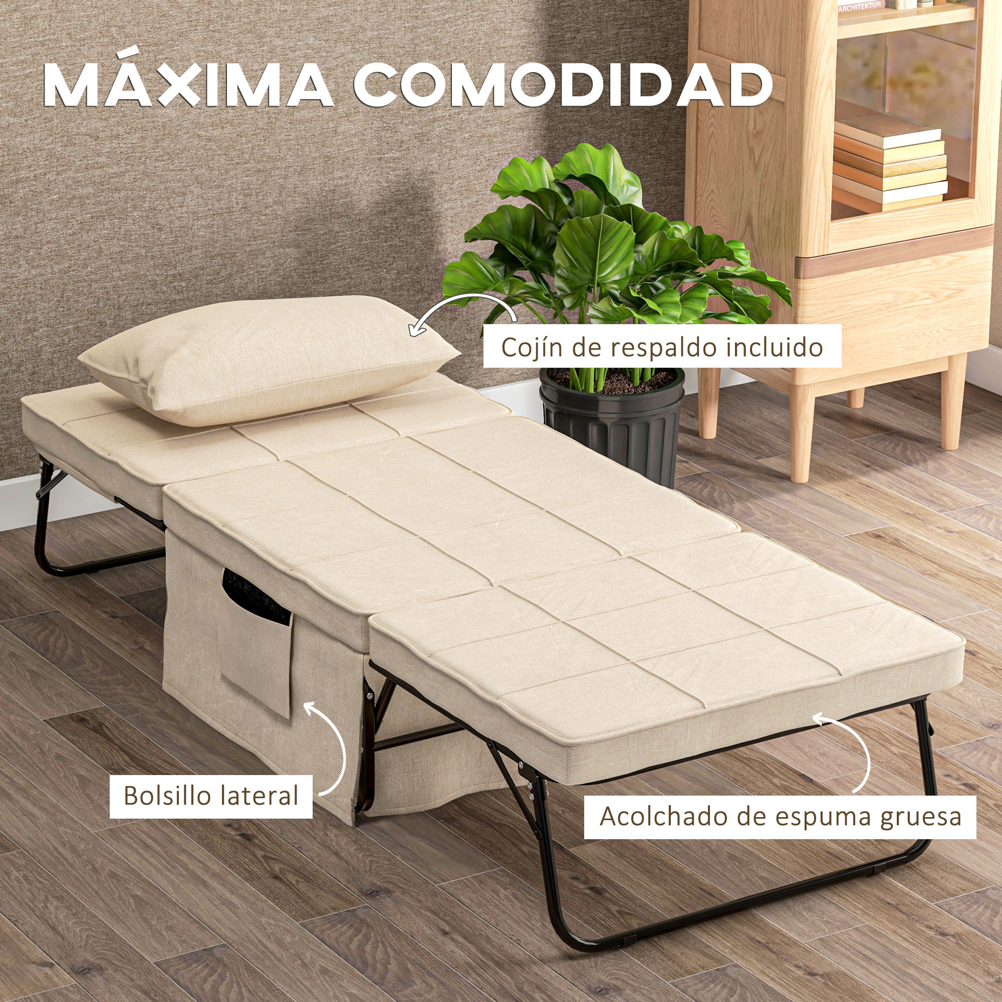 Sofá Cama de 1 Plaza 4 en 1, Sillón Cama Plegable, Tapizado en Lino, con Respaldo Ajustable de 5 Niveles, Almohada Acolchada, para Oficina, Dormitorio, Salón, 75x80x74 cm, Crema