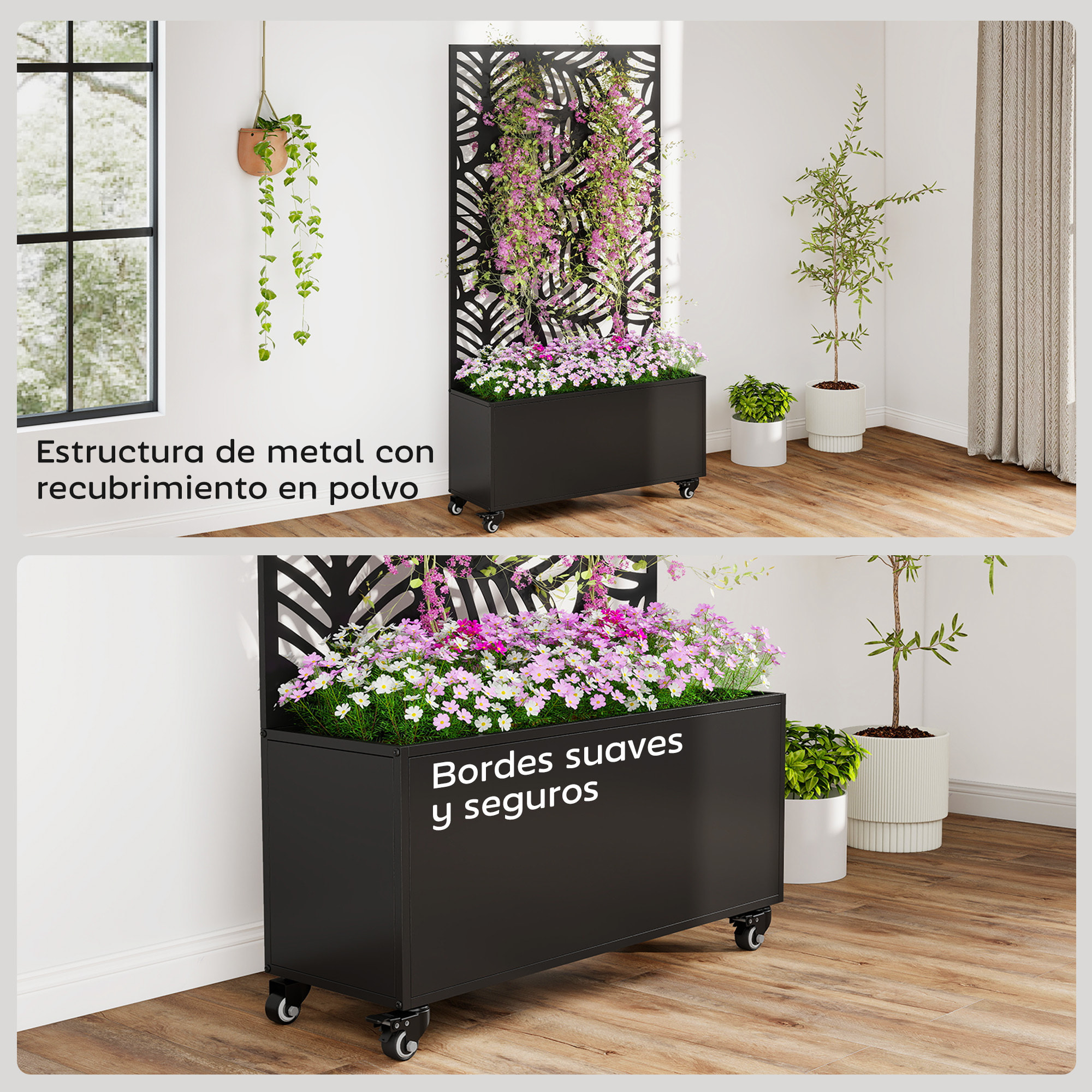 Jardinera Exterior Grande de Metal con Ruedas, Jardinera con Pantalla de Privacidad de Hojas de Monstera, Macetero con Enrejado para Plantas Trepadoras, Patio, Terraza, 90x30x160 cm, Negro