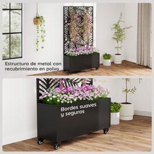 Jardinera Exterior Grande de Metal con Ruedas, Jardinera con Pantalla de Privacidad de Hojas de Monstera, Macetero con Enrejado para Plantas Trepadoras, Patio, Terraza, 90x30x160 cm, Negro
