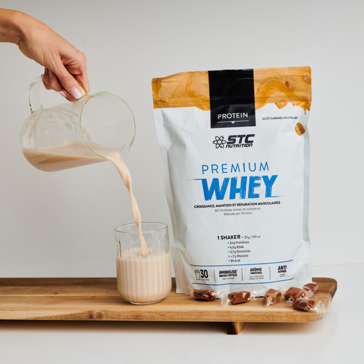 STC NUTRITION - Premium Whey - 80% de protéines natives de lactosérum - Croissance, maintien et réparation musculaires - Digestion facile - Doypack 750g -  Caramel Beurre Salée - Lot de 3