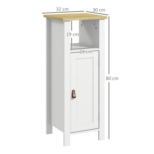 Meuble bas de salle de bain sur pied porte 2 étagères niche plateau aspect bois clair blanc