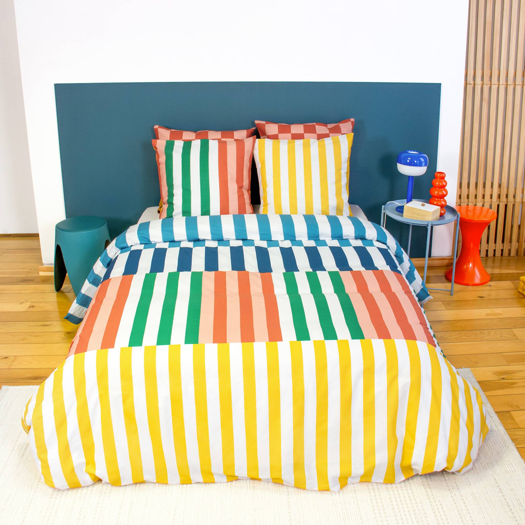 Parure de lit coton motifs rayures multicolore 2 places 260 x 240cm - Aura