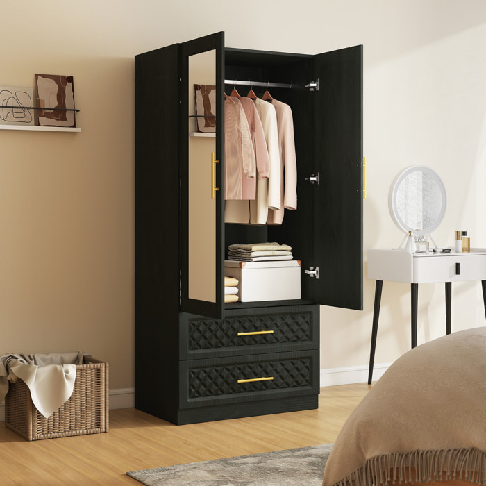 Armario Dormitorio 2 Puertas y 2 Cajones, Armario Ropero con Espejo, Relieve de Diamante, Barra para Colgar, Estilo Moderno, 80x50x180 cm, Negro