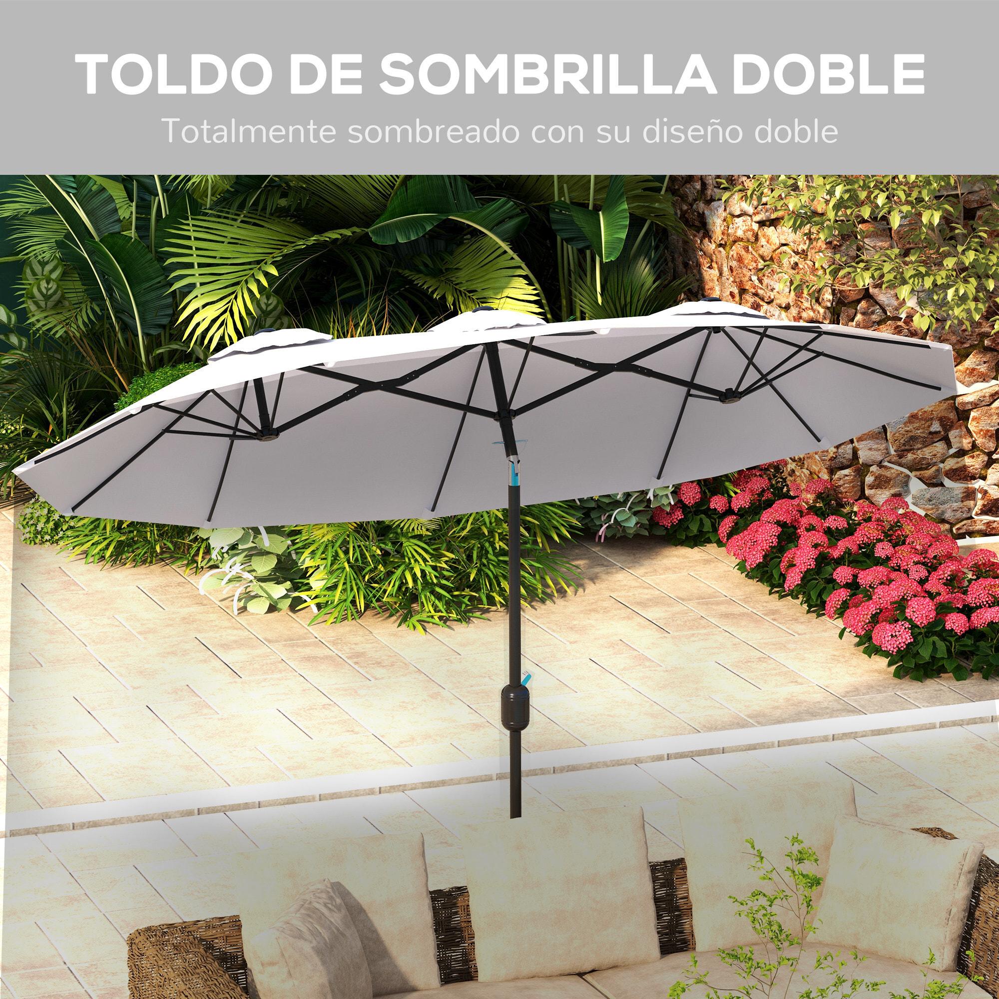 Sombrilla Doble 2,95x1,52 m, Sombrilla Terraza Exterior con Inclinación 45°, Manivela Manual, Orificios de Ventilación, Impermeable, Parasol para Jardín, Terraza, Patio y Piscina, Crema