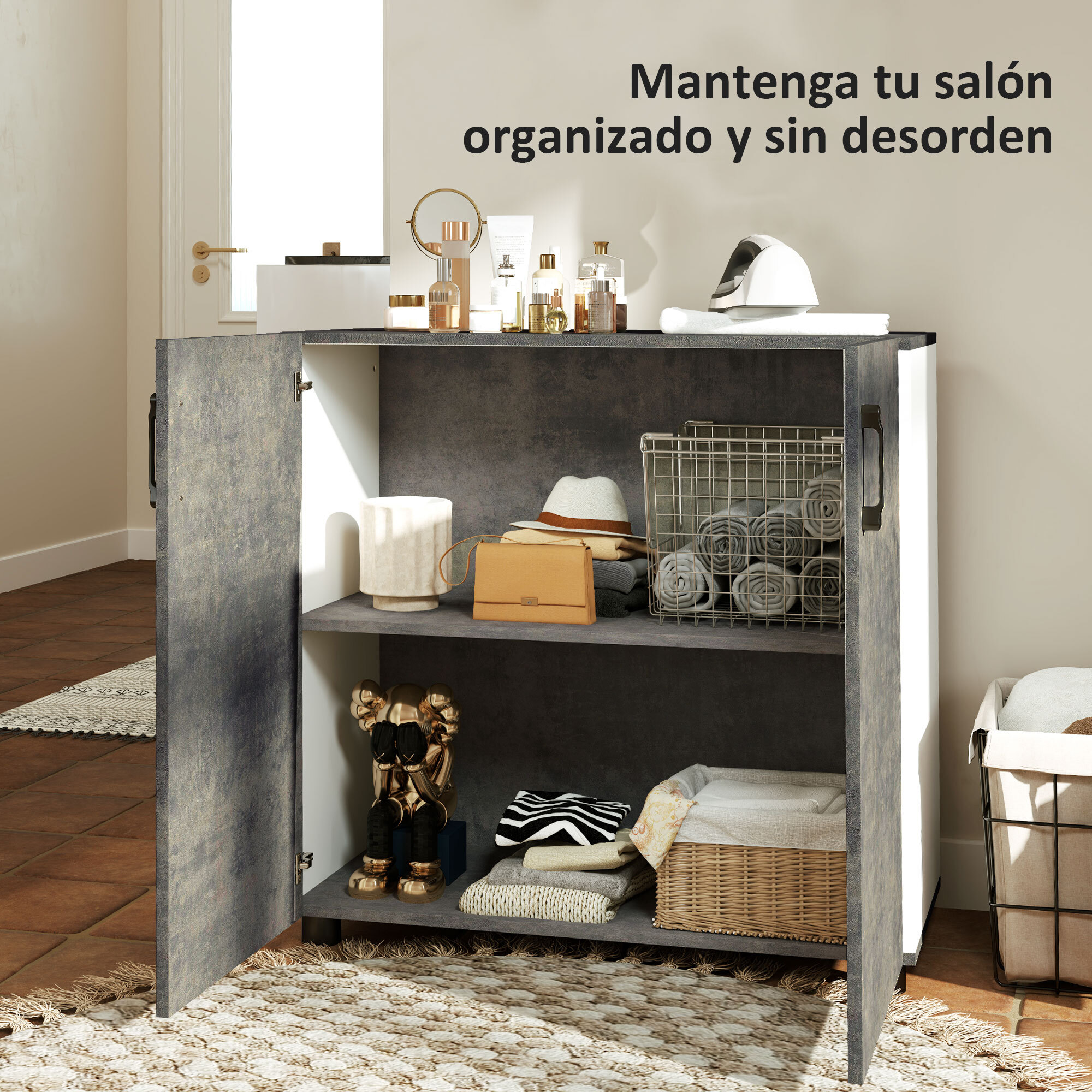 Aparador de 2 Puertas de Cierre Suave Aparador de Salón con Estante Mueble Auxiliar para Cocina Dormitorio Entrada 80x37x80 cm Gris Cemento y Blanco Brillo