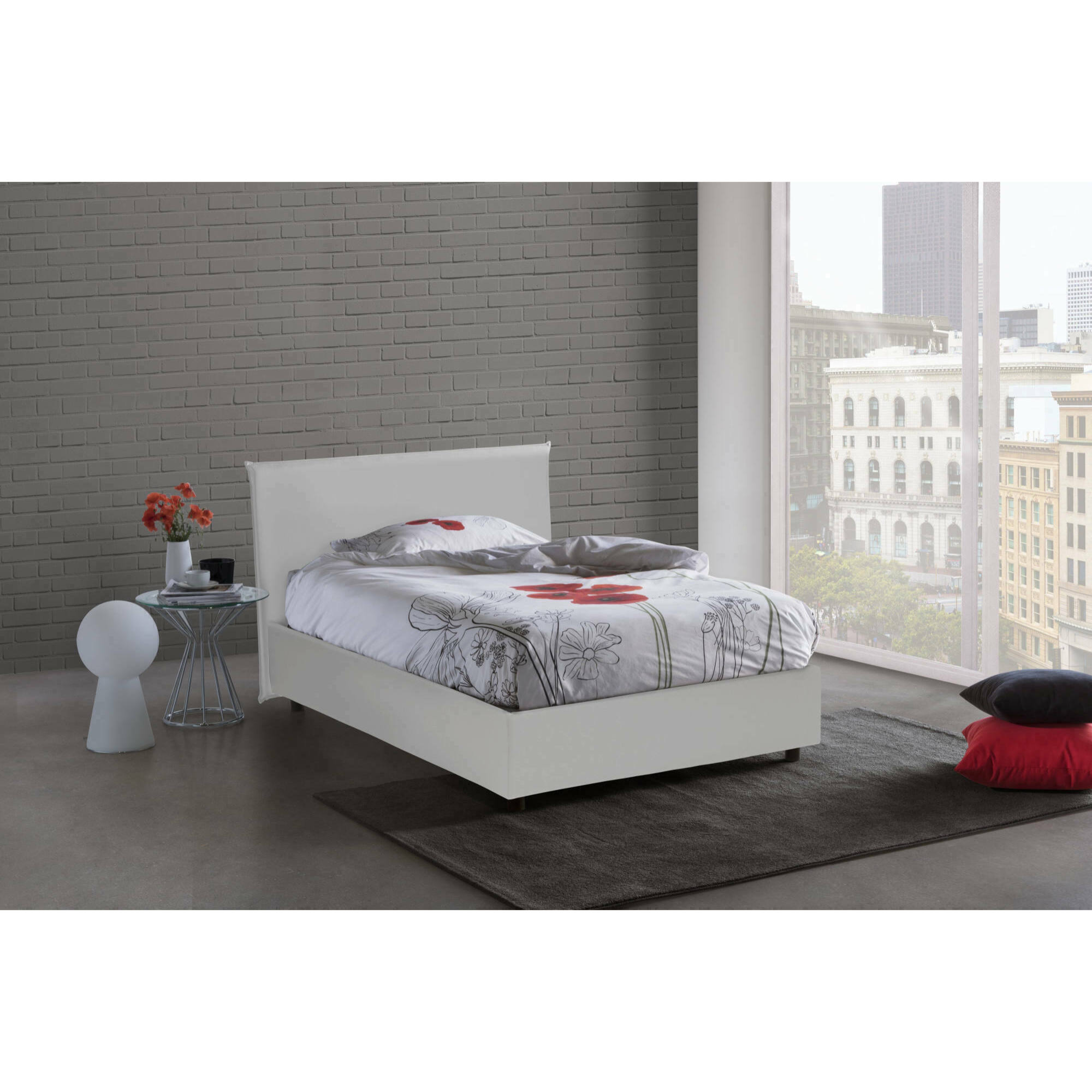 Letto piazza e mezza Assunta, Letto contenitore con rivestimento in ecopelle, 100% Made in Italy, Apertura frontale, con materasso Cm 120x200 incluso, Bianco