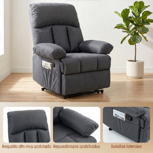 Sillón de Masaje, Sillón Relax Reclinable con 8 Puntos de Masaje, Función Calefacción Lumbar, Mando a Distancia, Asiento con Muelles, Bolsillos Laterales, Tejido Efecto Lino, Gris Oscuro