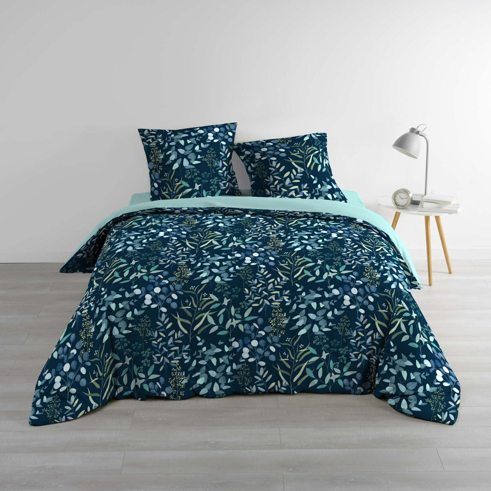Parure de lit 3 pièces 100% coton à motif végétal housse + taies - Bleu