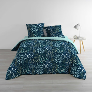 Parure de lit 3 pièces 100% coton à motif végétal housse + taies - Bleu