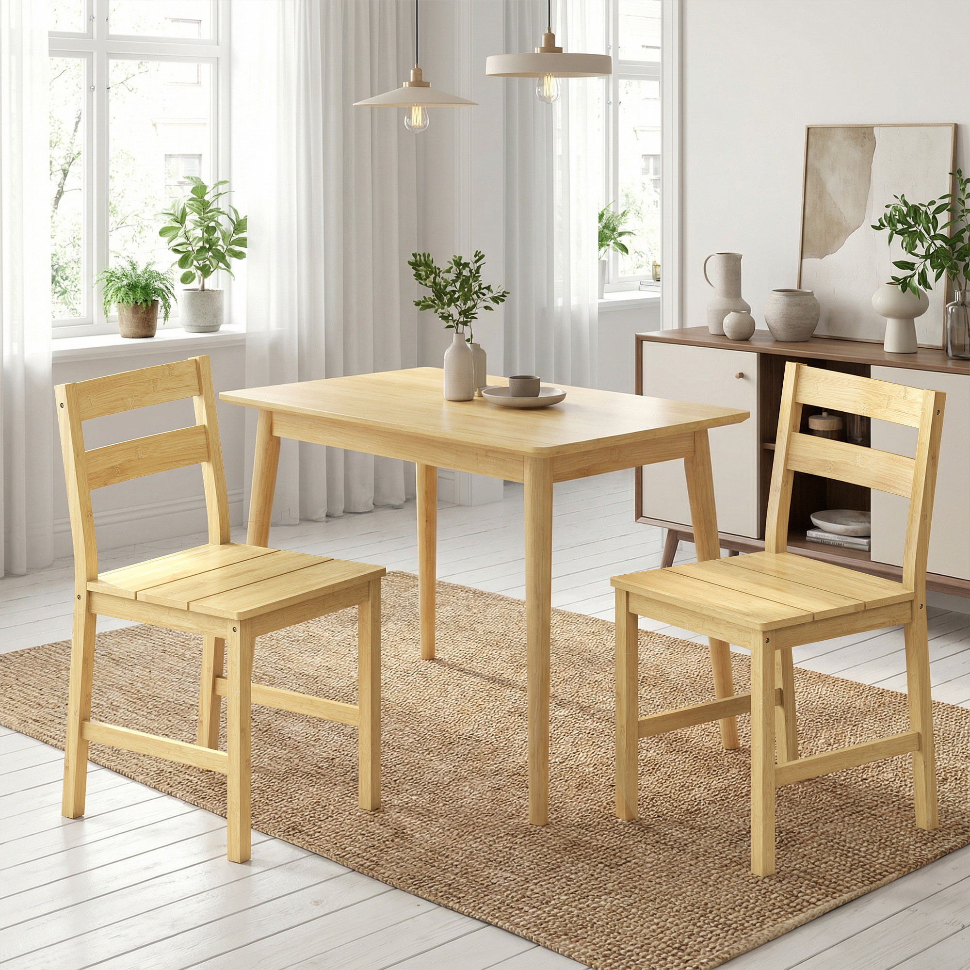 Juego de 2 Sillas de Comedor de Bambú, Sillas de Cocina con Asiento con Listones, Respaldo Curvado, Sin Brazos, para Sala de Estar, Natural